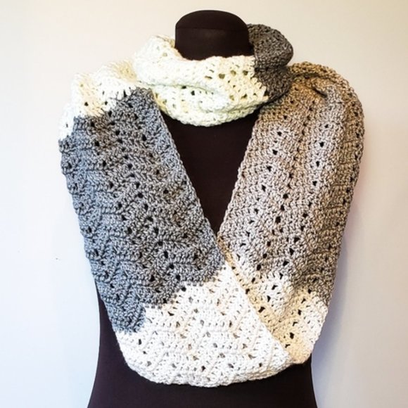 White-Grey Handmade Crochet Infinity Scarf - Picture 1 of 2